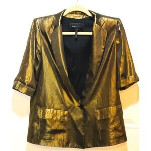 BCBG MAXAZRIA gold black metallic jacket blazer short sleeve button GLAM PARTY M